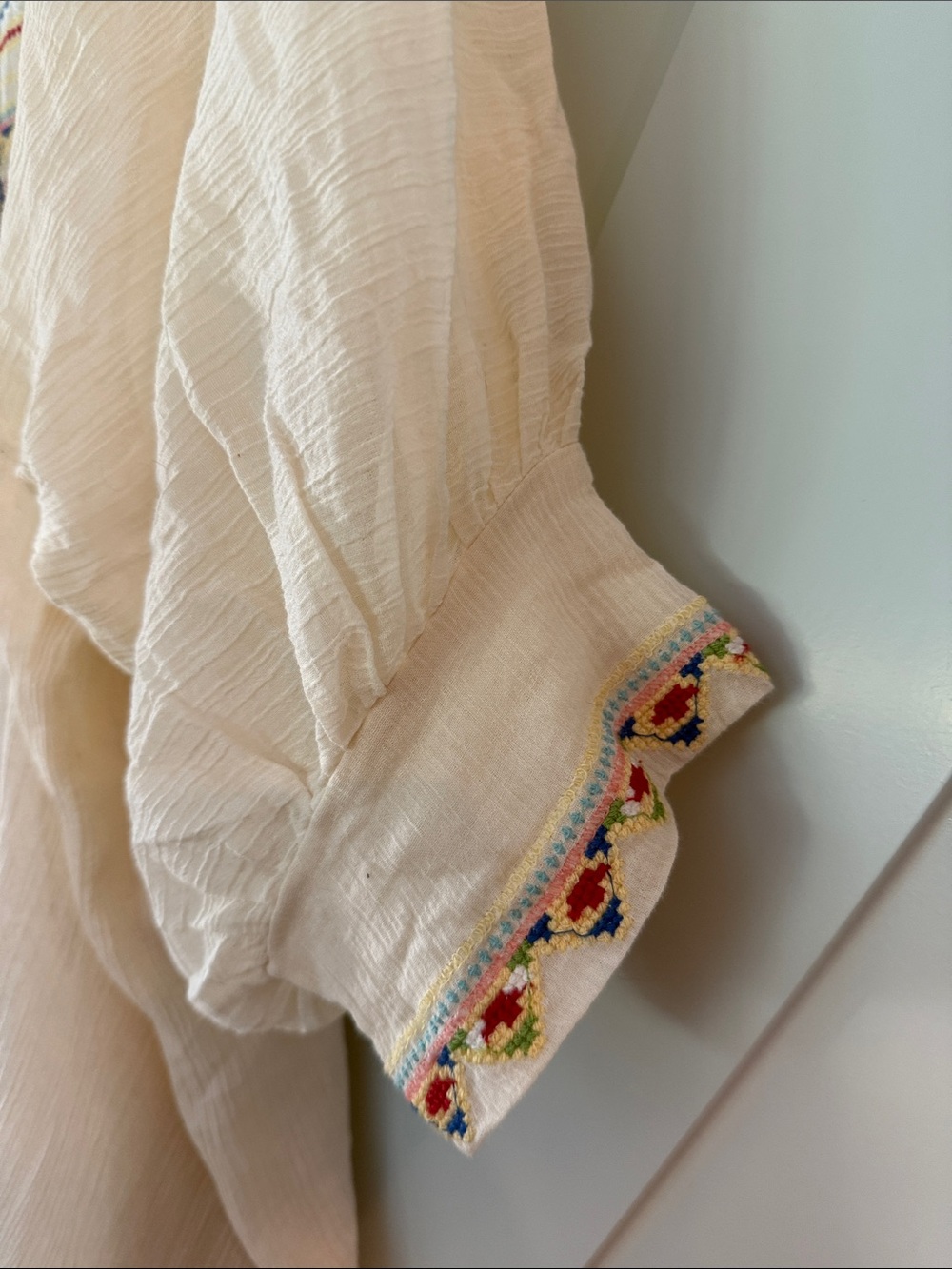 Woman’s Cream Embroidered Boho Tunic Dress with Colorful Bead Accents - Picture 4 of 6